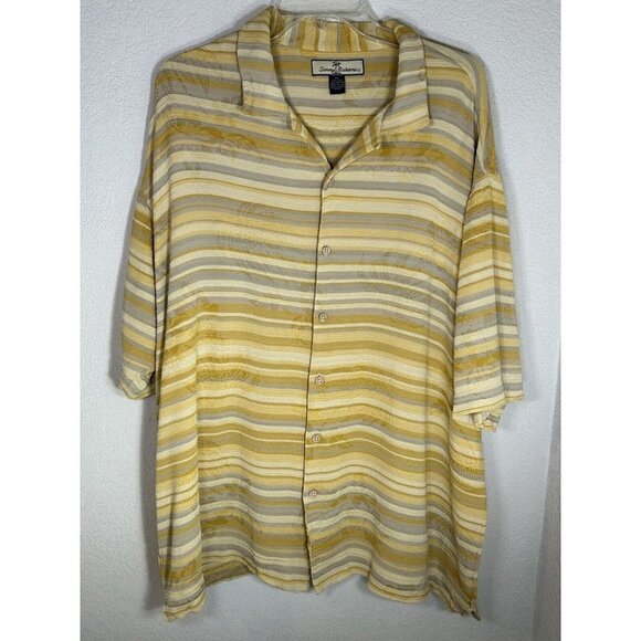 Tommy Bahama Shirt Mens Extra Large Silk Cotton Yellow Stripe Tropical Print - Picture 3 of 14